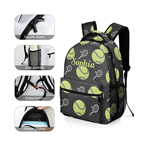 Green Tennis Balls Rackets Sport Personalized Backpack Waterproof Shoulder Bag Casual Travel Daypack with Name4