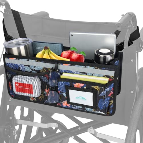 supregear Silla de Ruedas Cesta para la Espalda, Gran Capacidad Impermeable Silla de Ruedas Mochila Bolsa Organizadora con Múltiples Bolsillos y Portavasos para Personas Mayores, Negro floral