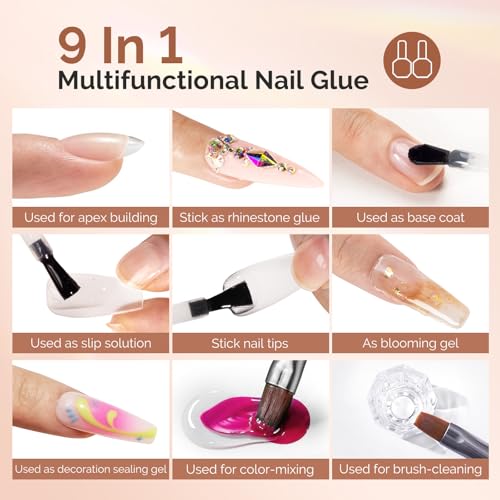 Image of MelodySusie 9 in 1 No TPO Gel Nail Glue for False Nail Tips, 2Pcs*15ml Long Lasting UV Light Required,as Base Coat, Apex Building, Blooming & Rhinestone Gel, Stong Adhesion Manicure Kit Salon Home
