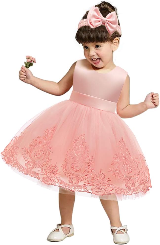 CMMCHAAH 0-6T Baby Girls Pageant Lace Embroidery Dresses Toddler Party Bowknot Tutu Gown Dress with Headwear