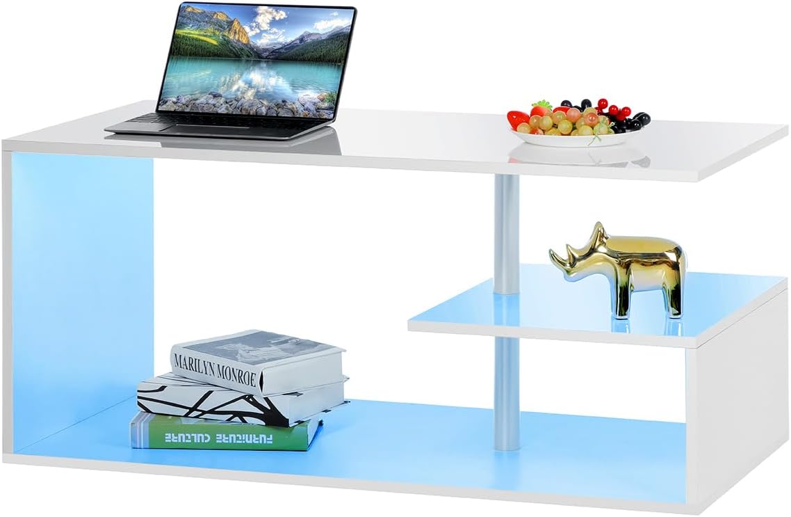 HOMMPA LED Coffee Tables for Living Room Modern Coffee Table with S-Shaped 3 Tiers Open Storage Shelf High Gloss White Center Sofa Tea Table with LED Lights for Home Office Furniture image 4 of 4 B0CR6B2V6D