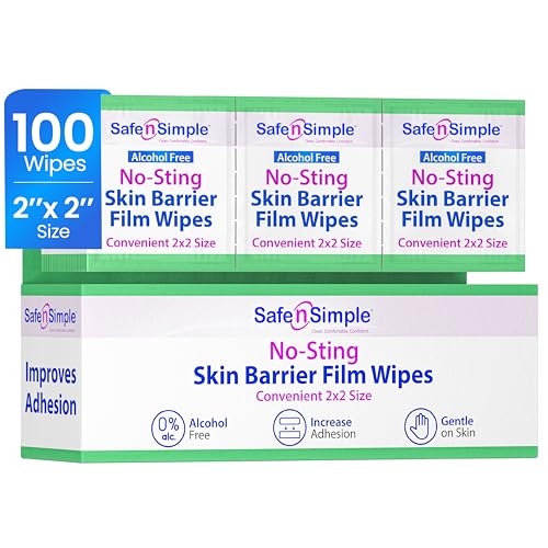Safe n Simple Skin Barrier Wipes No-Sting - 2 x 2 - 100 Count - Alcohol-Free Skin Prep Wipes Barrier Film for Ostomy Supplies Daily Stoma Skin Protection and Extended Use