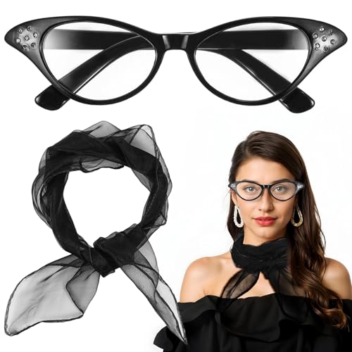 50er Jahre Rockabilly Accessoires 2 Stück Rockabilly Kleider Damen Vintage Kleidungszubehör, Schwarz Schal und Gläser Französische Kostüm...
