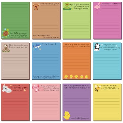 AmazingSpark 12 Pcs Cute Inspirational Sticky Notes, 4 * 3 Motivational Notepads Positive Emotional Support Gift Funny Lined Memo Note Pads for Office Desk Supplies Coworker Employee(Animals)