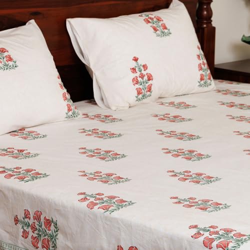 Image of Gudhal Premium Hand Block Printed Bedsheet | Bed Spread Flatsheet Bed Sheet | Pure Cotton | Double Bed Queen Size 90 inchx108 inch | 300 TC Long Staple Cotton | 2 Pillow Covers | Floral Print
