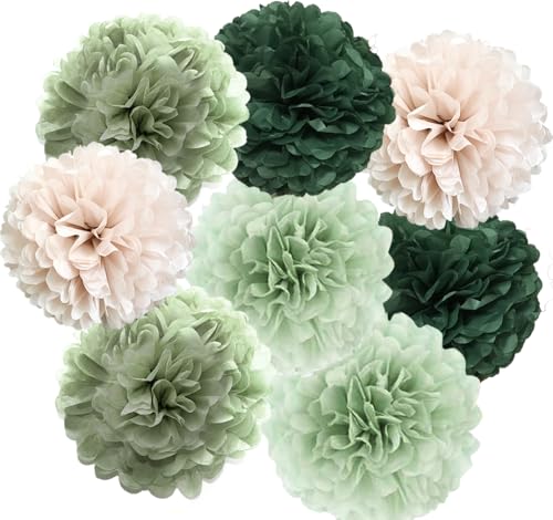 Image of Sage Green Tissue Paper Flower Pom Poms Kit 12pieces for Wedding Bridal Shower Engagement Bachelorette Birthday Party Decorations (Boho Sage Green)