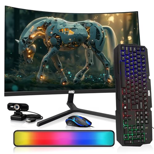Image of MTG 27 inch Curved Monitor Full HD 1080P Frameless Screen, HDMI DP USB Audio, Low Motion Blur, VESA Mount, Webcam with RGB Keyboard Mouse & Soundbar Combo, Computer Monitor for Gaming, Home, Office