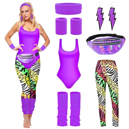 HIQE-FL Disfarce Anos 80 Mulher Disfarce, Acessórios de Disfarce dos Anos 80, Diadema de Neón 80S com Tiara, Pulseiras, Brincos, Conjunto de Disfarces dos Anos 80, para Festas Temáticas Photocall