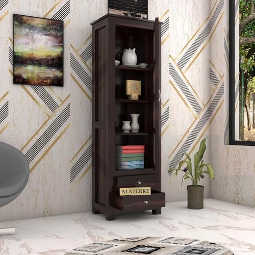 Image of Wood Book Shelf with Glass Door, Wooden Book Rack for Home Library, Kitchen Crockery Cabinet, Wooden Almirah, Bookcases, Book Shelf Storage 2 Drawers, Home Furniture, Walnut Finish