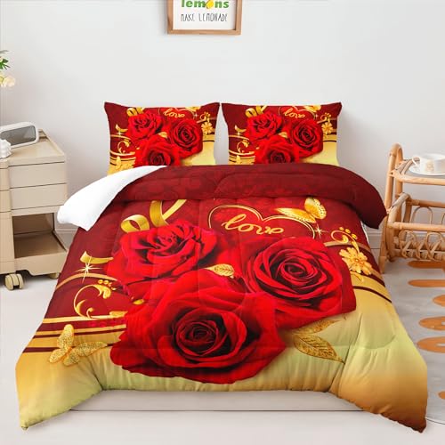 Image of AILONEN Red Rose Comforter Set Queen Size, Gold Hearts Themed Bedding, 3-Piece Romantic Luxury Flower Comforter With 2 Pillowcases, Soft Microfiber