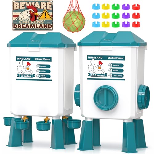 Chicken Feeder and Waterer Set - 3 Gallon/26.5 Pounds Automatic Chicken Waterer with 4 Cups & 3 Feeder Ports No Waste Poultry Feeders & Waterers Chicken Coop Accessories for Hens/Ducks/Poultry