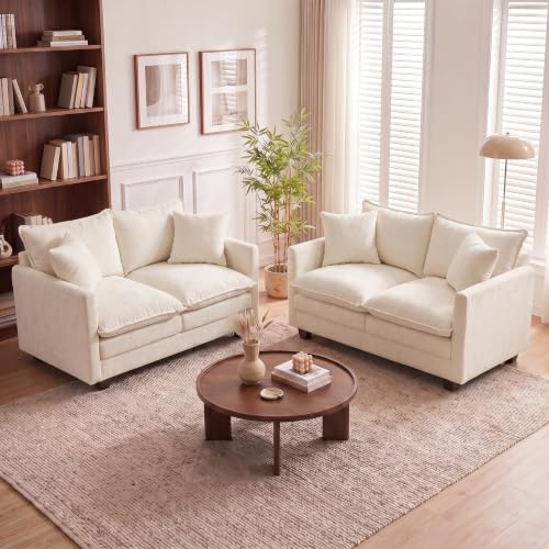 Image of 50'' Loveseat Sofa Set, Small Couch Set 2 Piece Cloud Love Seat with 27 inch Deep Seat Washable Chenille Pillows Couches for Small Spaces Apartment Living Room, Beige