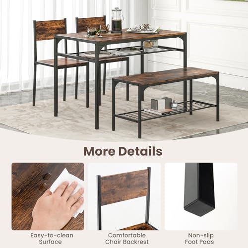 Image of Giantex Dining Table Set for 4, Kitchen Table with Chairs & Bench, Storage Racks, Metal Frame, 4-Piece Space-Saving Dinette Set for Dining Room, Breakfast Nook, Small Space, Apartment,Rustic Brown