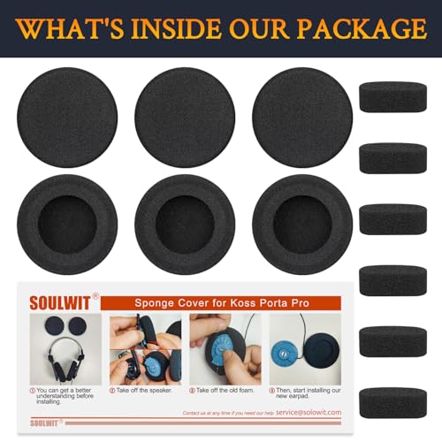 Image of SOULWIT 6 Pcs Replacement Earpads for Koss Porta Pro, KSC11, KSC17, KSC75 Headphones, Soft and Durable Sponge Ear Pads Cushions with High-Density Foam - Black