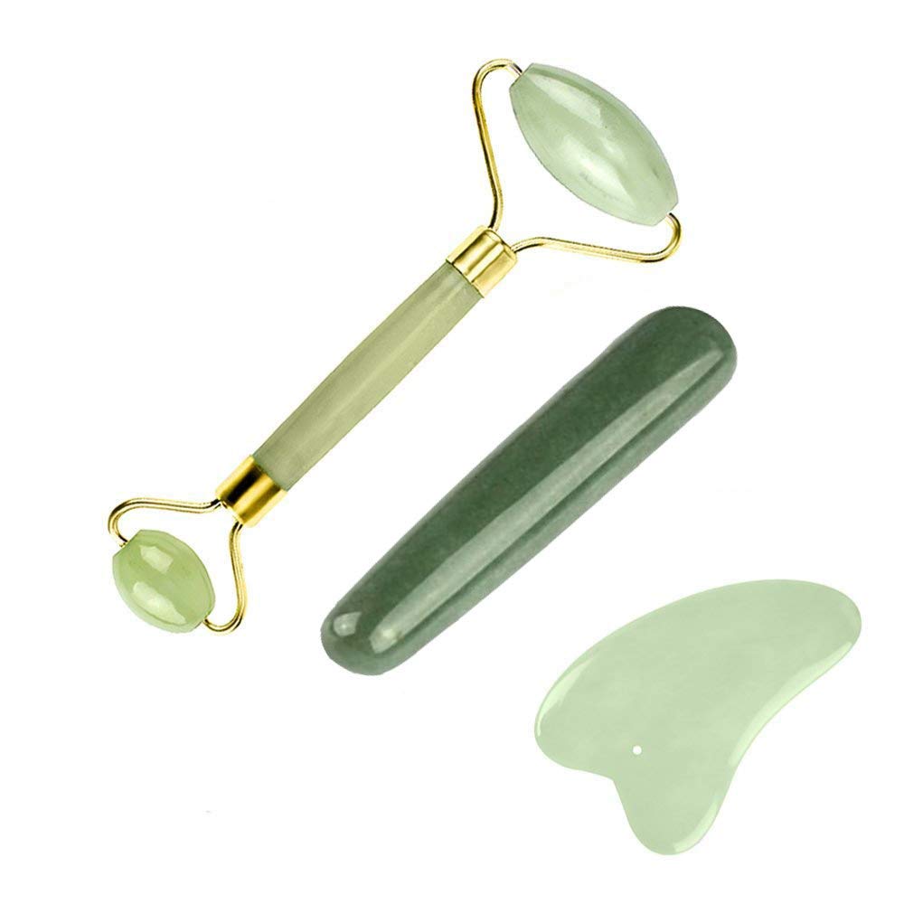 Jade Roller Gua Sha Massage Tools Set 3 In 1 Anti Aging Cellulite Skin Scraping Massager Kit for Women,Men Face and Body(3 Pack)