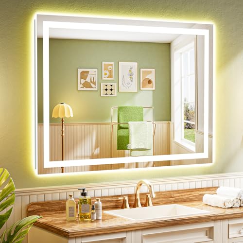 Image of 55x40 Inch LED Bathroom Mirror with Lights Front and Backlit Lighted Vanity Mirror for Bathroom Wall with 3 Colors Dimmable Anti-Fog Memory Shatter-Proof IP54 Waterproof Horizontal /Vertical