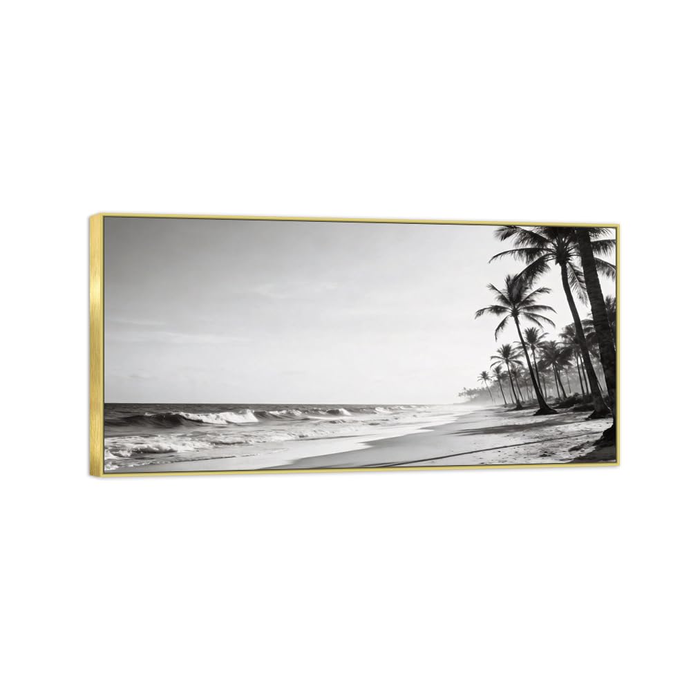 Sea Beach 3 Black White Landscape Canvas Picture 60x120cm Gold Frame