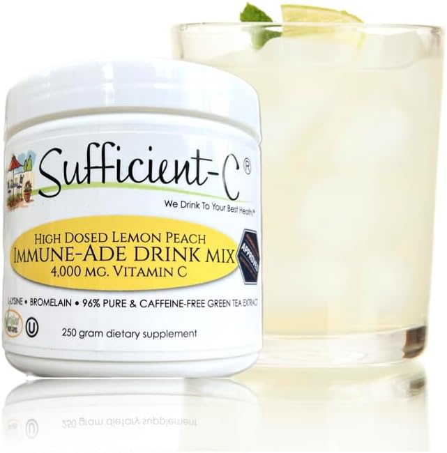 Sufficient-C High-Dosed 4000 mg. Vitamin C Lemon Peach Immune-Ade Drink Mix 250 gram Size - Refreshing with Generously Dosed L-lysine, Bromelain & 96% Pure, Caffeine-Free Green Tea Extract - Image 2