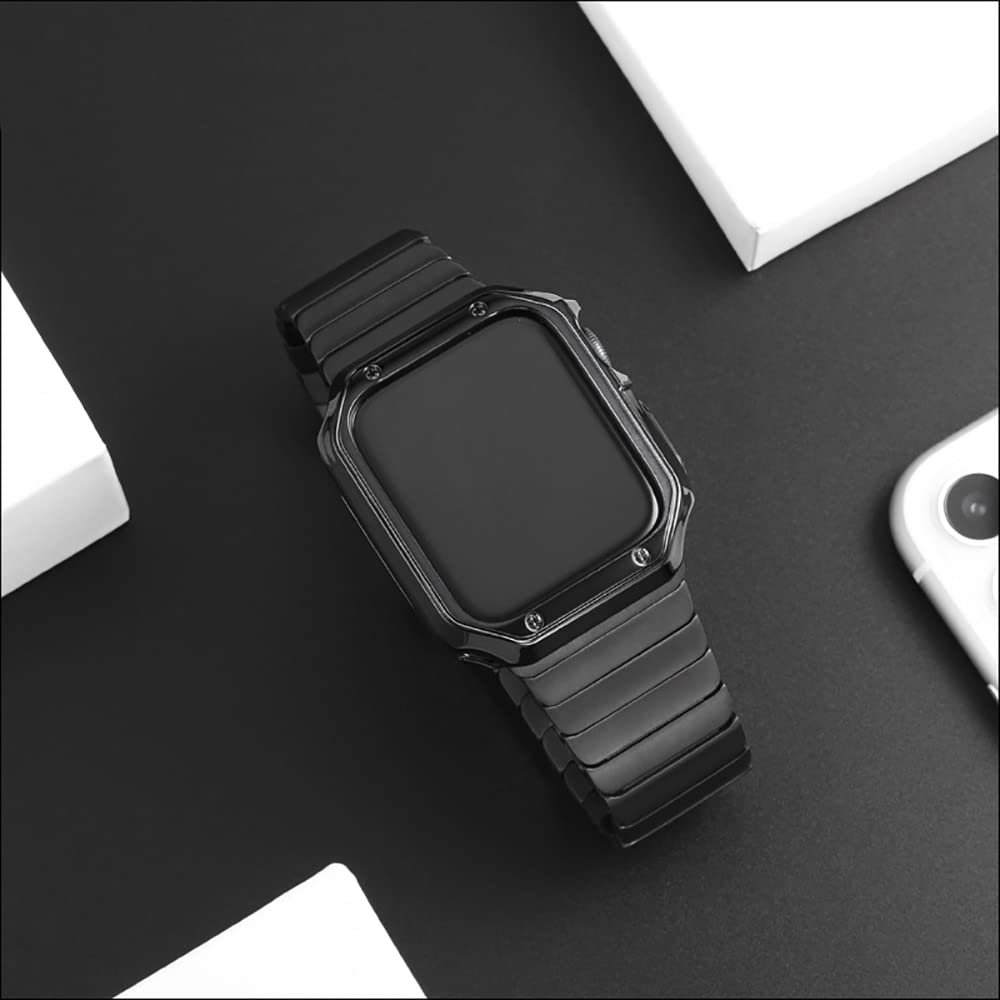 GUMMMY Edelstahlarmband und Silikon-Schutzhülle für Apple Watch 45, 41, 44, 40, 38 mm, 42 mm, Stoßstangen-Rahmenabdeckung für iWatch Serie 5, 4, 3, SE, 6, 7, 8