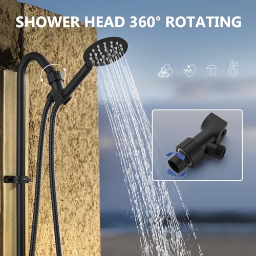 Aolemi Fixture de Ducha Exterior con Ducha de Mano, Agua Caliente y Fría, Negro Mate | Kit de Ducha Exterior con Válvula Central de 6 Pulgadas, Manguera de 59", Ducha de Mano Elevada, Ducha Expuesta de 2 Manijas miniatura 5