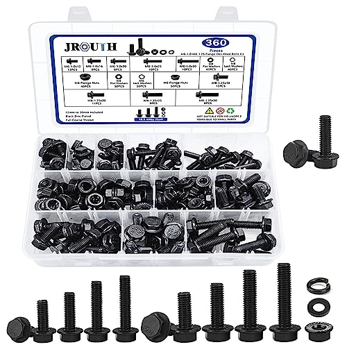 Jrouth 360 Pcs M6-1.0 M8-1.25 Flange Hex Head Bolts Nuts Flat Lock Washers, Class 10.9 Alloy Steel Black Zinc Plated Metric Flanged Hex Screws, M6 X 12-30Mm And M8 X 16-30Mm Fully Threaded #TOP4