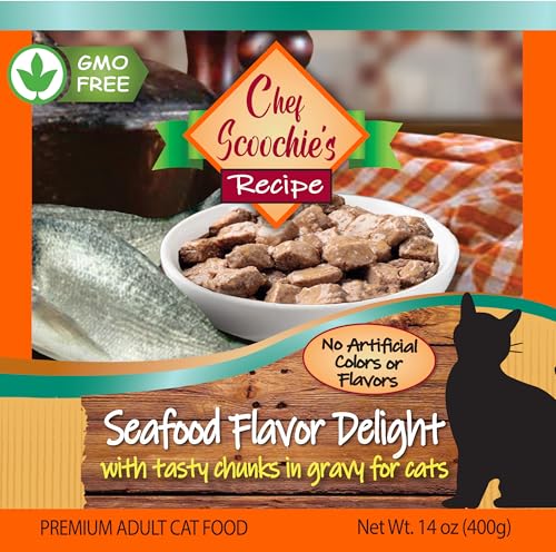Scoochie Pet Products Chef Scoochie's Tender Seafood Chunks in Gravy Wet Cat Food - Easy Open Pop-Top Cans - Protein & Essential Nutrients - Gourmet Meal for Indoor & Outdoor Cats 12 Cans (14 oz e.)