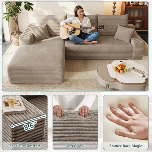 Image of 95 inch Modular Sectional Couch, Boneless L Shaped Cloud Sofa with Chaise Lounge, Corduroy Upholstered Couches Memory Foam Deep Seat, No Assembly Required, Ideal for Living Room(Camel, Left Facing)
