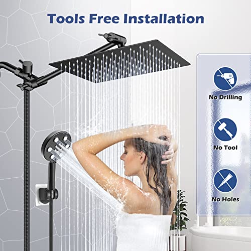 Shower Head With Handheld, 12'' High Pressure Rain Shower Head With 11'' Extension Arm, Built-In Power Wash 6 Spray Settings Anti-Leak Handheld Shower Combo With 60" Hose, Height/Angle Adjustable #TOP6