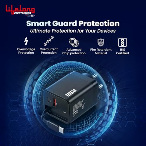 Image of Lifelong Electronics Travel Adapter Gan Fast Charger | 50W (25W Tangle-Free Retractable Type-C Cable + 25W Type C Port) | 18W USB A Port | for iPhone, iPad, Samsung, Nothing and All Phones & Tablets