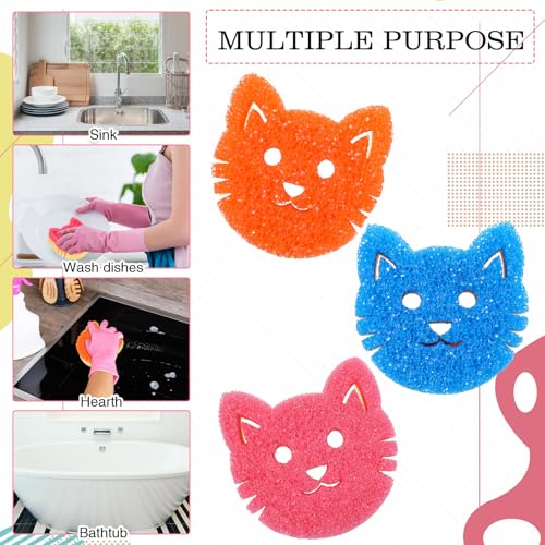 Image of FillTouch 3 Pcs Dual Sided Scrub Sponge Multi Functional Cute Temperature Sensitive Non Scratch Dish Sponge for Washing Dishes Kitchen Bathroom (Cat,Pink, Orange, Royal Blue)