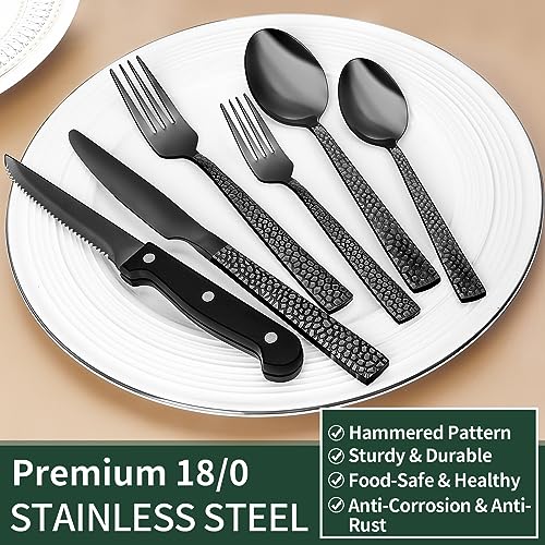 Image of EWFEN 24-Piece Black Silverware Set with Steak Knives, Black Flatware Set for 4, Food-Grade Stainless Steel Tableware Cutlery Set, Mirror Finished Utensil Sets for Home Restaurant, Hammered Edge