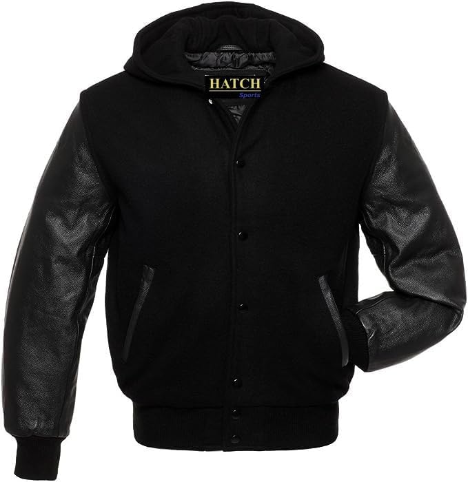 Veste varsity à capuche baseball bomber en laine et manches cuir véritable