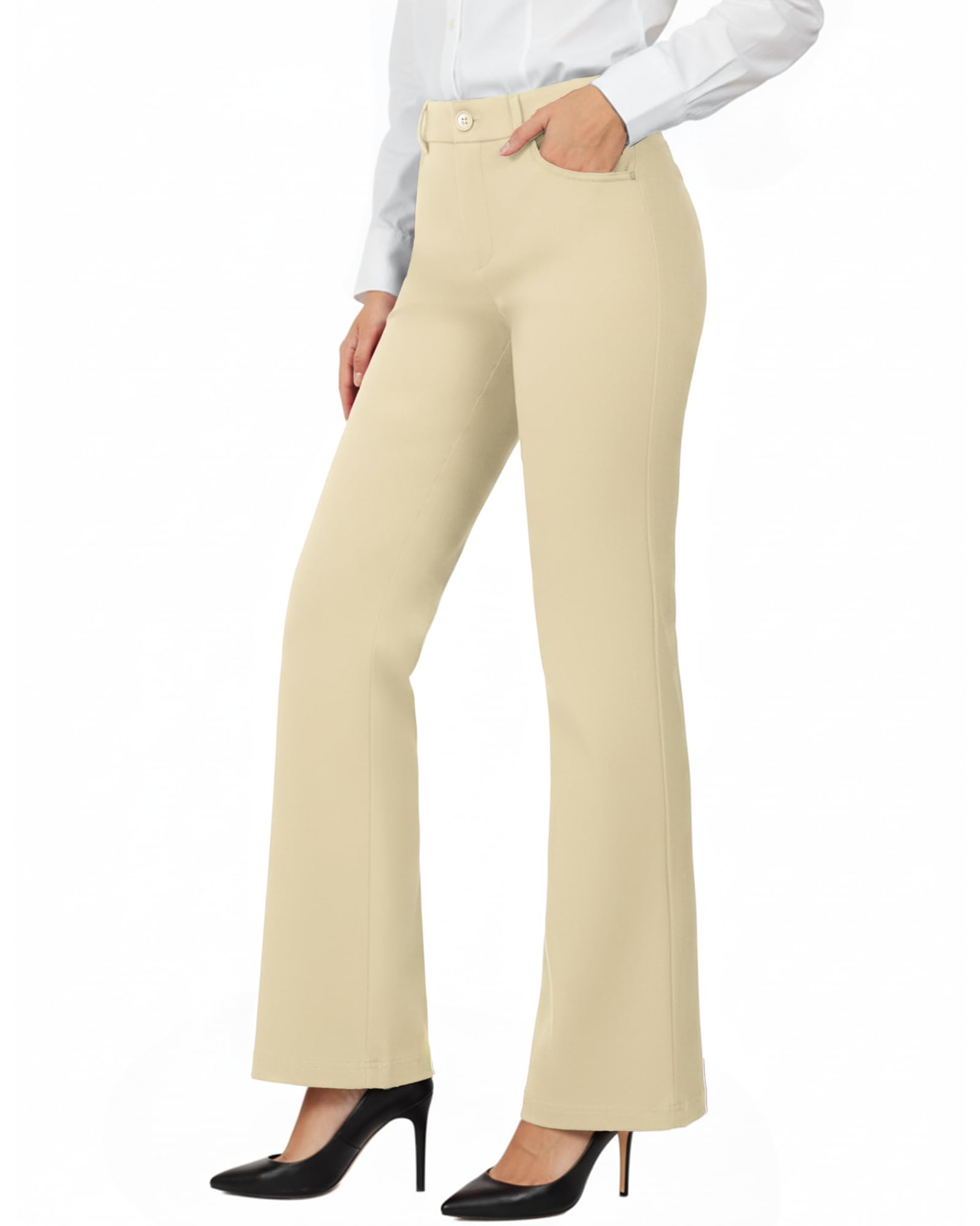 Womens Straight Leg Dress Pants Stretchy Bootcut Work Pants Button Casual Slacks with Pockets
