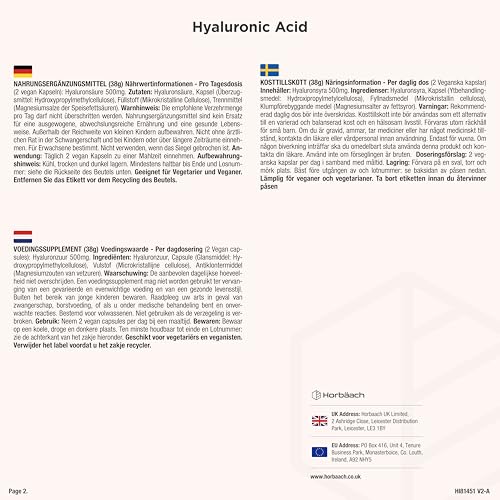 Hyaluron Kapseln Hochdosiert 800 kDa | 90 VEGANE Hyaluronsäure Kapseln | 500mg | Alternative zu Kollagen | Hyaluronic Acid | Vegane | von Horbaach