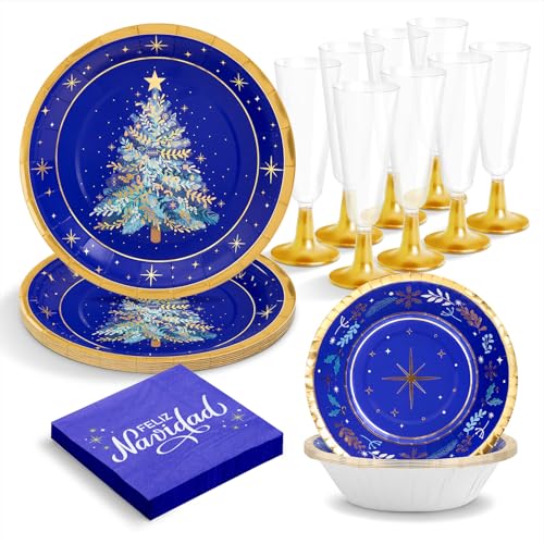 OH YEAH - Kit Vajilla Navidad 6 Personas Azul Noche - 50 Piezas - Platos, Vasos, y Servilletas Desechables - Temática Navideña - Cenas Navideñas, Reuniones Familiares y Fiestas de Fin de Año