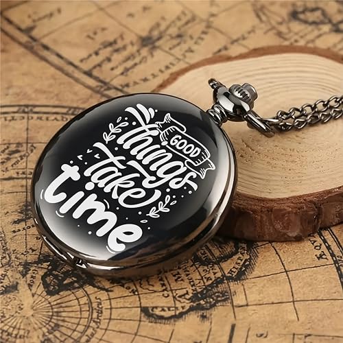 Image of Vintage Gandhi Style Pocket Watch with Engraved Designs & Messages Royal Black Analog for Men Women & Kids Includes Key Ring for car or Bike Keys Ideal Gift