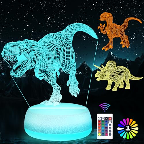 JURHHOEN Dinosaur Night Light - 3D Acrylic 16 Color Changing Lamp with 3 Dino Patterns Remote Control Kids Gift for Birthday Christmas