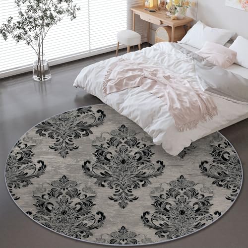 Genérico Alfombra Redonda para Sala de Estar - Lujo Antiguo Patrón De Brocado Lavable a Máquina Antideslizante Alfombra Redonda 90 cm, Negro Alfombras para Dormitorio Pasillo de Entrada