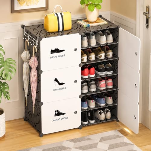 Image of LUVHOMEE Plastic Shoe Rack for Home with Door, 6-Door Shoe Storage Cabinet | 12-Shelfs for 24 Pairs | Waterproof & Portable DIY Shoe Slipper & Chappal Stand for Entryway /Bedroom (Blackwh-J3)