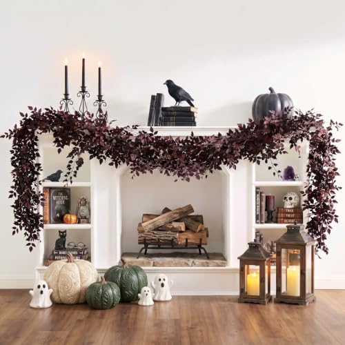 Image of Neutral Fall Garland for Mantle - 9Ft Plum Cimicifuga Seeded Leaf Garlands Purple Autumn Decor Fireplace and Table Decorations for Home Indoor Door Halloween Realistic Leaves Outdoor