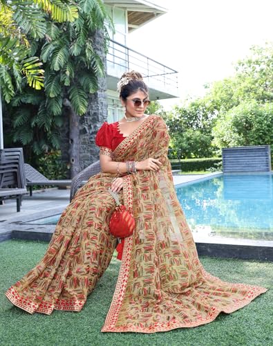 Image of Yashika Women's Georgette Saree with Lace Border |Solid Digital Printed Saree for Women