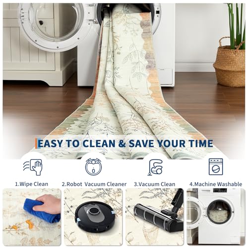 GarveeHome Washable 2x6 Runner Rugs for Bathroom Floral Kitchen Rug Neutral Scalloped Carpet, Non-Slip Hallway Rug Stain Resistant Modern Low-Pile Carpet for Laundry Bedside Entryway(2x6ft)