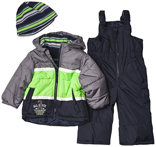 LONDON FOG Baby Boys' 2-Piece Snow Pant & Jacket Snowsuit, Lime Stripe Fleece Lined, 18MO