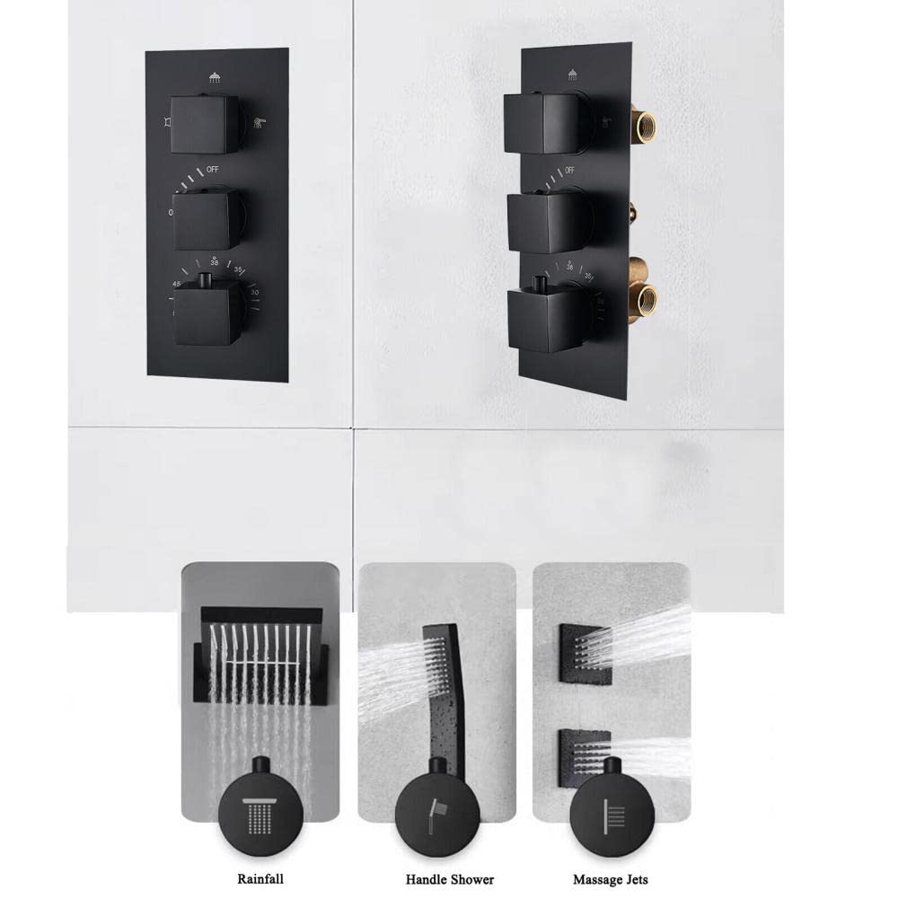 Set Doccia termostatico con Sistema di Massaggio a Pioggia a LED, Montaggio a Parete, Rubinetto Nero, 8 Pollici
