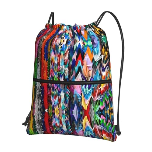 BLWSLC Bolsa de gimnasio con cordón Origami Multicolor Papercraft Cranes impresa con cremallera, bolsa con cordón recomendada para viajes