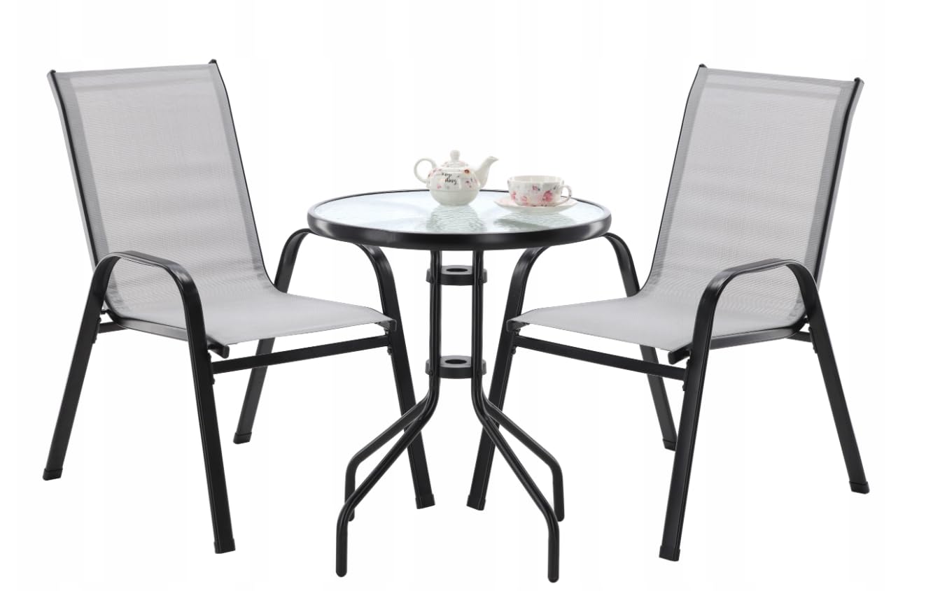BDW Set di 3 mobili da balcone con tavolo rotondo in vetro temperato e 2 sedie impilabili, textilene e metallo, per terrazza, balcone, giardino (grigio)