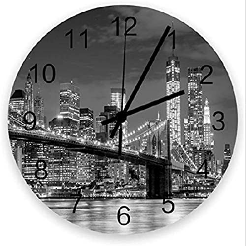 351 Redondo Reloj Pared Puente De Brooklyn - Skyline De La Ciudad De Nueva York Iluminado Relojes De Pared Vintage Decoración Silencioso Reloj De Cuarzo para Estudio Oficina Cocina Dormitorio