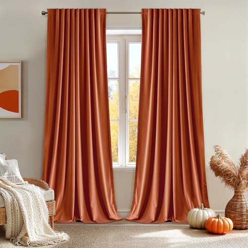 MIULEE Fall Burnt Orange Velvet Curtains 84 Inches Long 2 Panels - Back Tab and Pleated Luxury Window Curtains for Bedroom Living Room Blackout Thermal Insulated Soft Drapes Terracotta Rust Decor