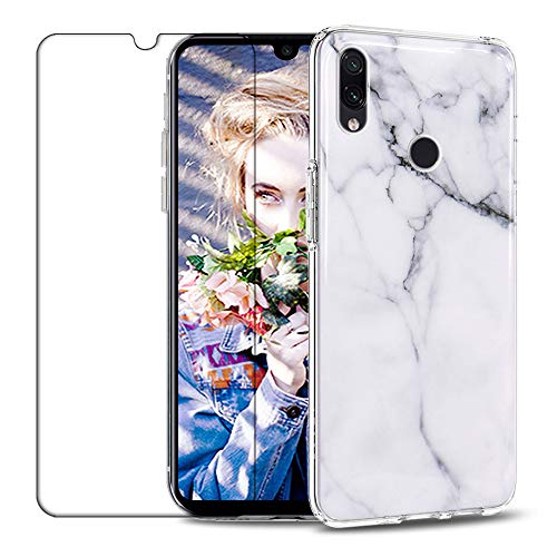 Coque Compatible avec Xiaomi Redmi Note 7, Élégant Marbre Motif Silicone Housse, Ultra-Mince Anti Choc Souple TPU Protection Etui + 9H HD Verre Trempé [Anti Rayures] [Anti-Slip] - Blanc