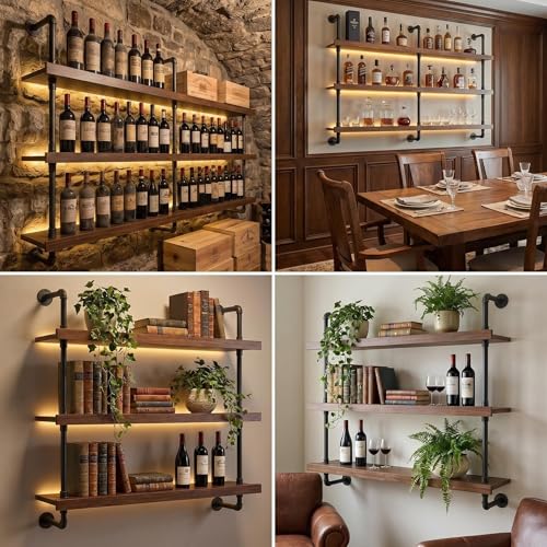 Image of HOUSESET 36 /48 /60 /72 /84in Wine Wall Rack with Led Lights, 3-Tiers Modern Pipe Liquor Bottle Display Shelf, Bar Shelves Wall Mounted for Commercial Bar, Restaurant, Home